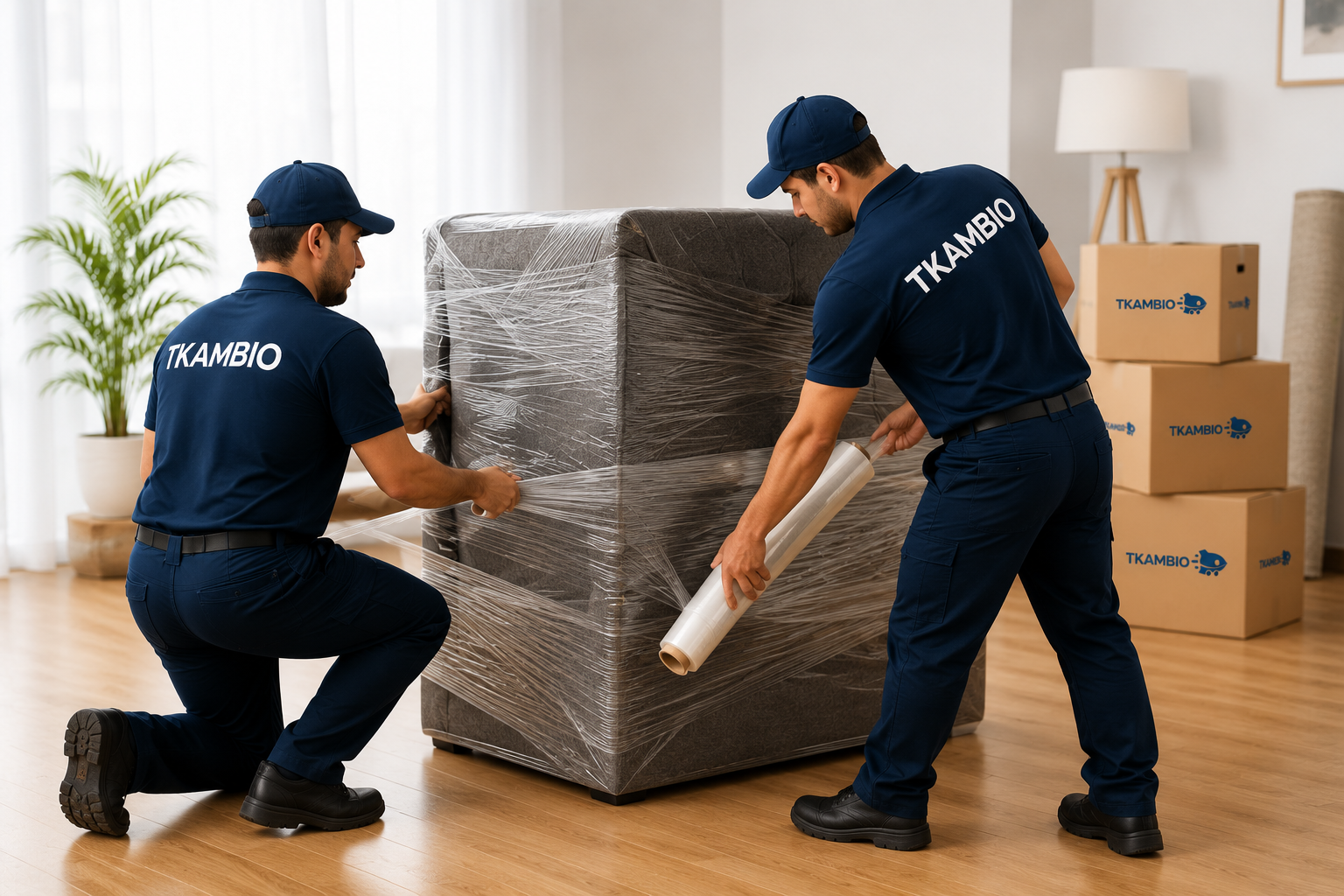 Equipo TKambio embalando profesionalmente un mueble