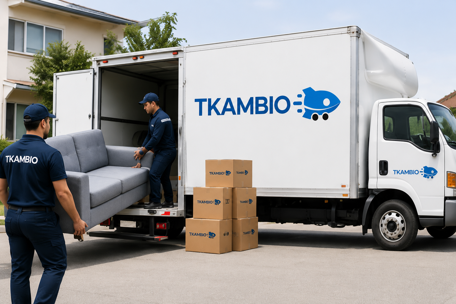 Equipo TKambio descargando un sofá desde un camión