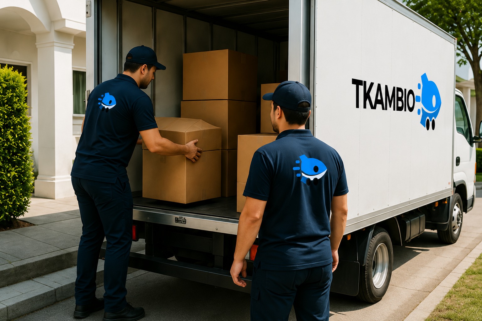Equipo TKambio cargando cajas en un camión de mudanza